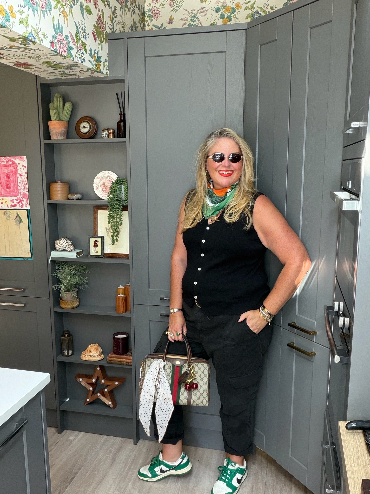 Black cargo trousers, black waistcoat, neck scarf, sunglasses, brown bag, trainers

#LTKplussize #LTKautumn #LTKstyletip