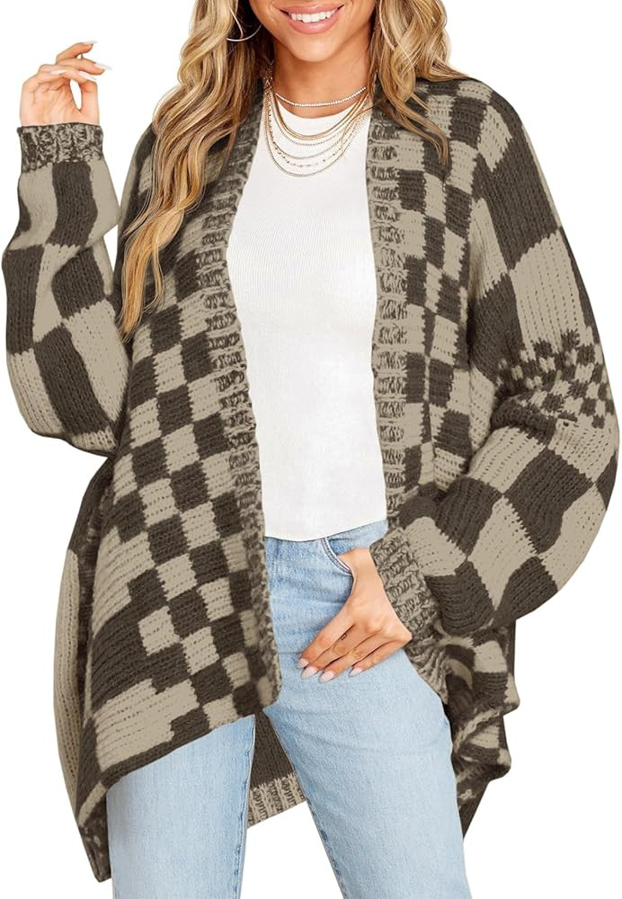Saodimallsu Womens Checkered Sweater Color Block Plaid Cardigans Oversized Long Sleeve Knit Open ... | Amazon (US)