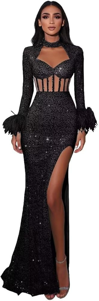 Cutout Mermaid Prom Dress Long Sleeve Feather Sheer Formal Dress for Women with Slit Sequin DR018... | Amazon (US)