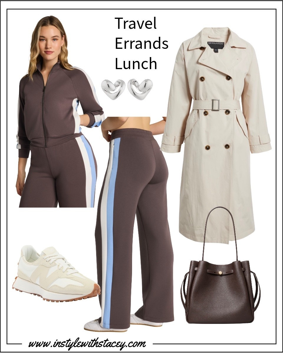 New SPANX color-block set = instant polish with zero effort. The matching set reads elevated (not lounge), while the vertical side stripe adds length, structure, and a subtly slimming effect. Wear it for errands, travel days, casual lunches, or a coffee meeting—it’s comfortable but still looks intentional. Get it in black or this rich brown—both feel quietly luxe. Avail in XS-3X petite, reg, tall