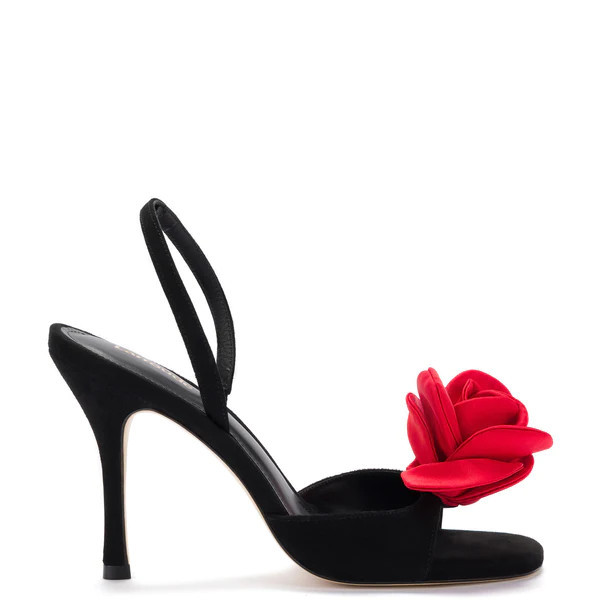 Salma Sandal In Black Suede and Scarlet Satin | Larroude