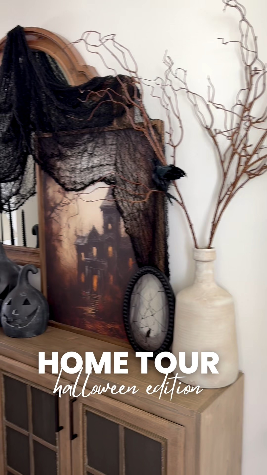 Neutral Halloween home tour 🖤
This spooky-chic setup mixes modern organic décor, black gauze draping, moody pumpkins, and natural branches for the perfect elevated Halloween aesthetic. 
Perfect for minimal or neutral lovers looking for subtle spooky vibes 👻

#halloweendecor #halloweenhometour #falldecor #neutralhalloweendecor #halloweenaesthetic #modernhalloweendecor #ltkhome #ltkfall #autumndecor #spookyhomedecor #witchyvibes #halloweentrends #fallstyling #modernfarmhouse #cozyfalldecor #spookyseasonready #porchdecor #frontdoorhalloween

#LTKHalloween #LTKSeasonal #LTKHome