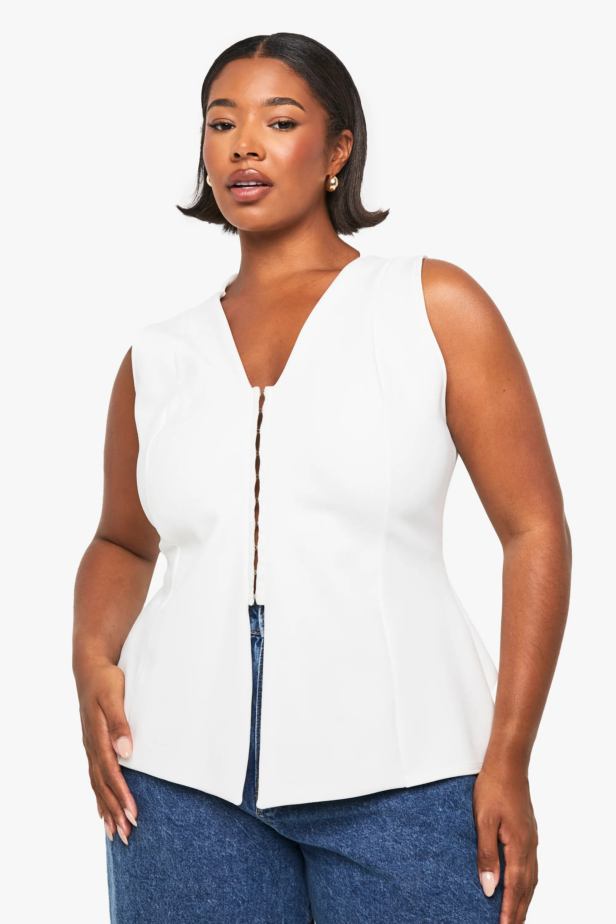White Plus Hook And Eye Cinched Waistcoat | Boohoo | Boohoo.com (UK & IE)