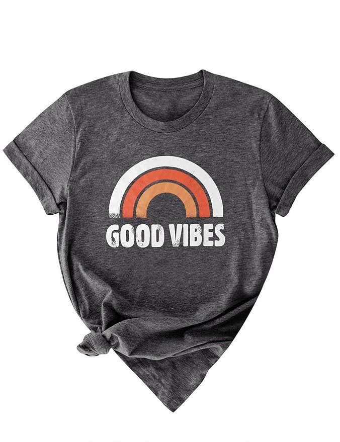 OUNAR Good Vibes Shirt Women Tshirt Rainbow Graphic Summer Top Funny Shirt Cute T-Shirt Short Sleeve | Amazon (US)