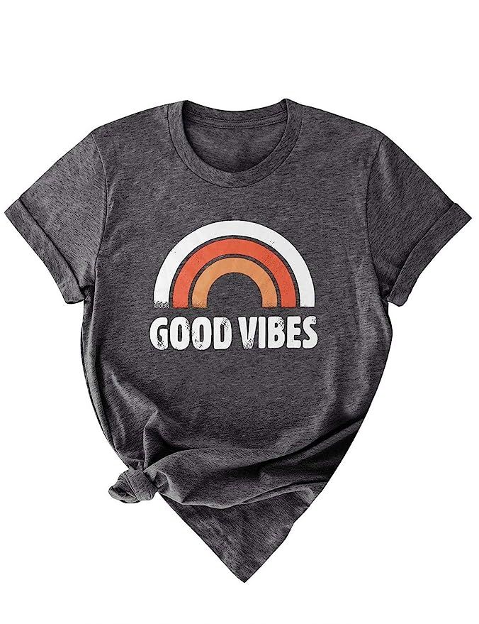OUNAR Good Vibes Shirt Women Tshirt Rainbow Graphic Summer Top Funny Shirt Cute T-Shirt Short Sleeve | Amazon (US)