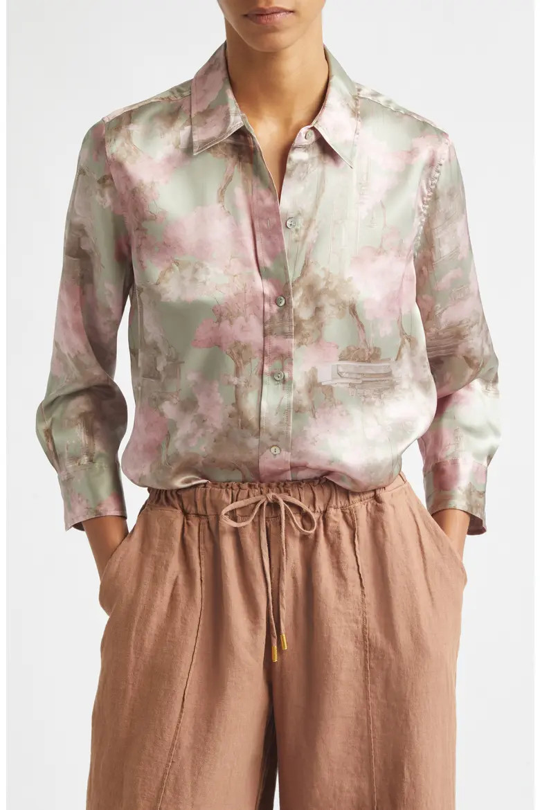 Dani Floral Three-Quarter Sleeve Silk Button-Up Shirt (Women) | Nordstrom | Nordstrom