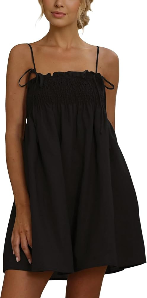 Women Polka Dot Sleeveless Square Neck Backless Spaghetti Strap Smocked Flowy Ruched Sexy Mini Ca... | Amazon (US)
