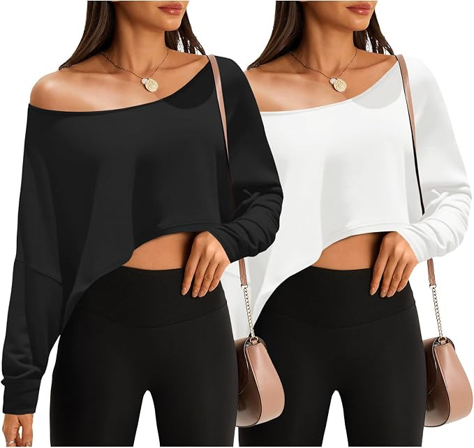 Fisoew Womens Off The Shoulder Cropped Tops Batwing Long Sleeve Loose Fit Summer Boat Neck Workou... | Amazon (US)
