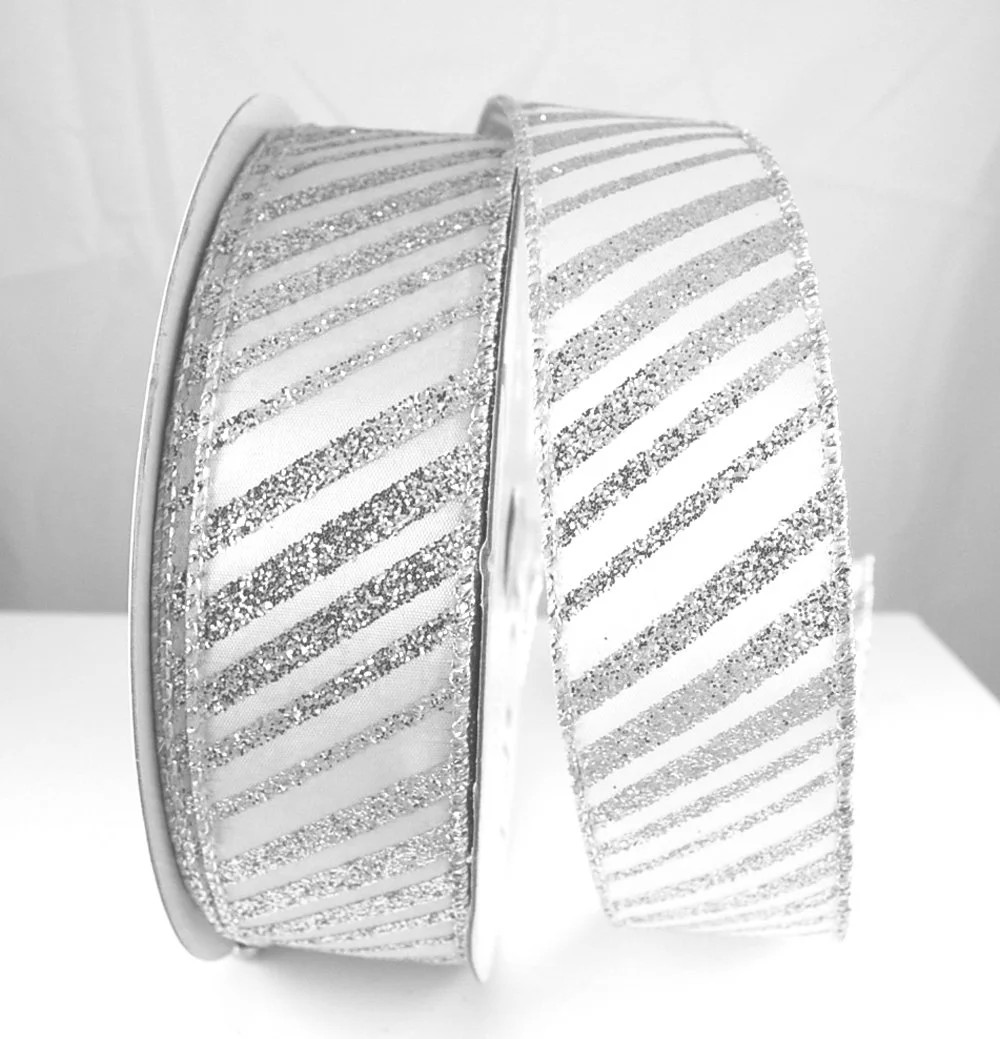Wire Edged Misty White and Silver Diagonal Stripes Christmas Ribbon 1 1/2" 25 Yards … | Walmart (US)