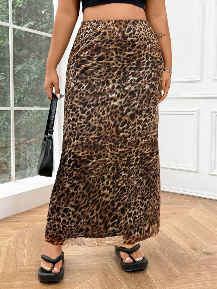 SHEIN EZwear Plus Size Vintage Leopard Print Mesh Long Midi Skirt | SHEIN USA | SHEIN