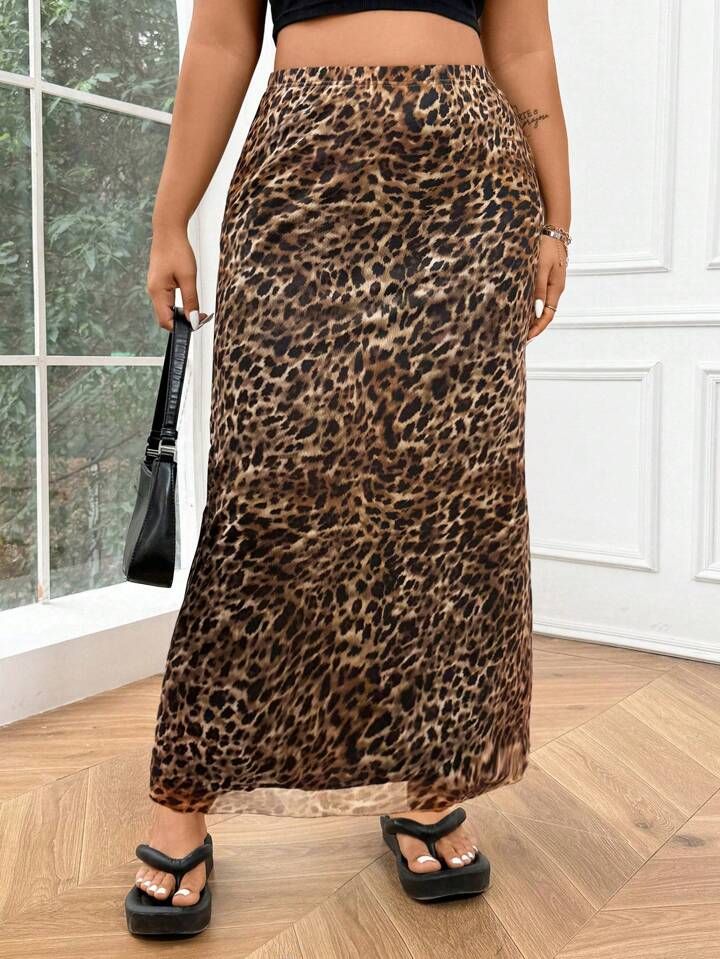 SHEIN EZwear Plus Size Vintage Leopard Print Mesh Long Midi Skirt | SHEIN