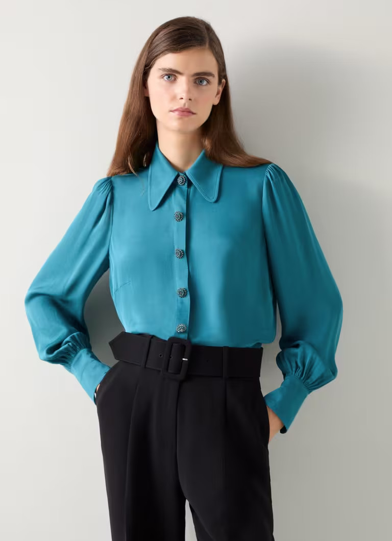 Sonya Teal Viscose Crepe Shirt With Sparkle Button | L.K. Bennett (UK)