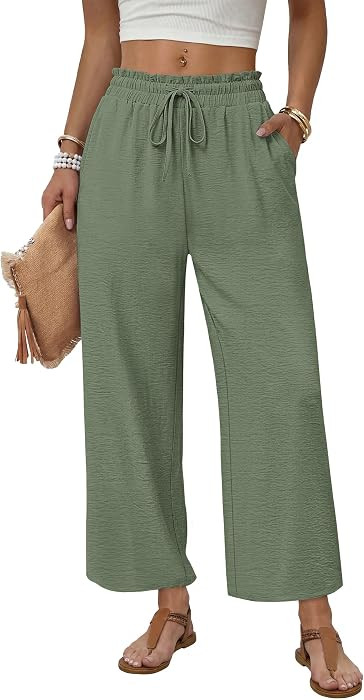 WIHOLL Wide Leg Pants Woman Flowy Palazzo Drawstring Elastic Waist Trousers with Pockets Casual L... | Amazon (US)