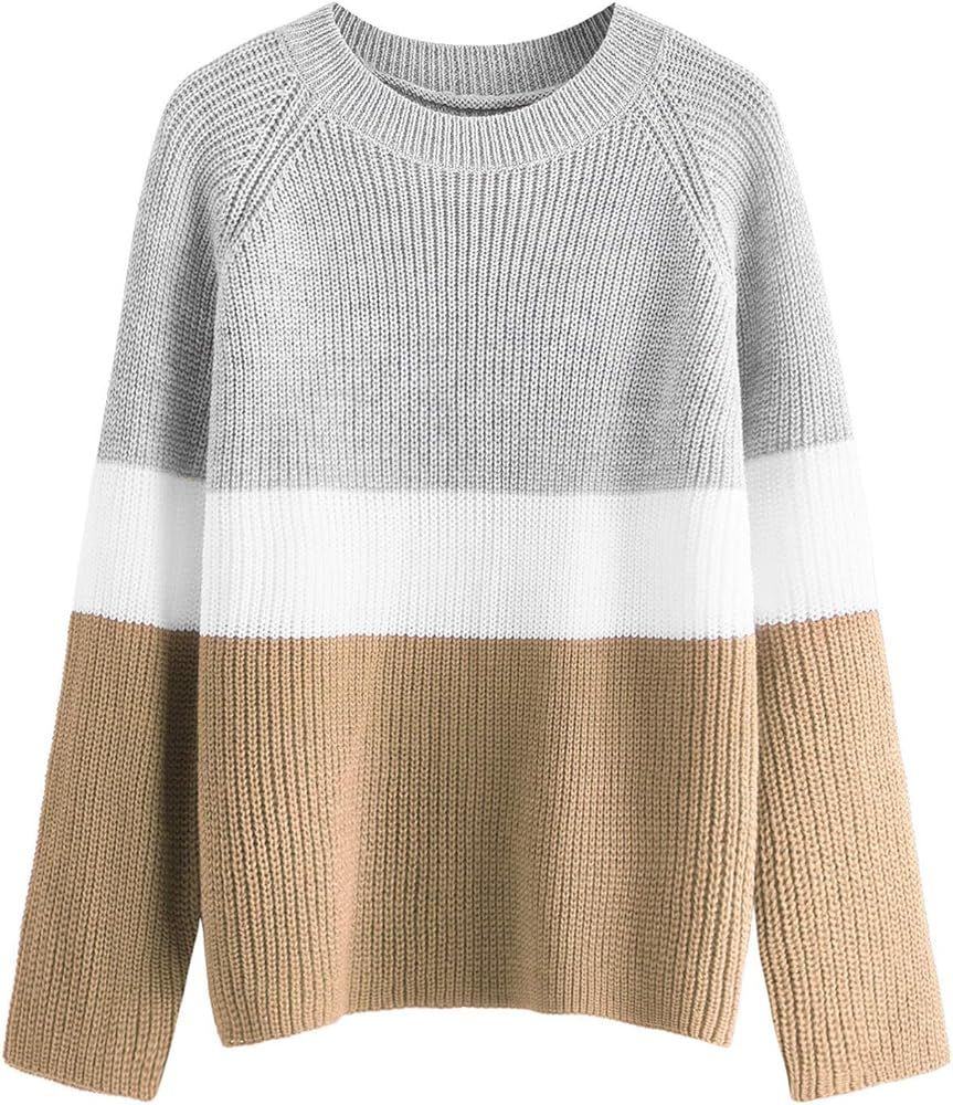 Women's Casual Long Sleeve Sweater Colorblock Striped Knitted Textured Jumper | Amazon (US)