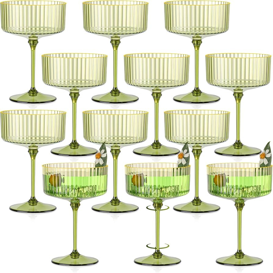 12 PCS Gold Rim Plastic Champagne Coupe Cup Sage Green Ribbed Coupe Glasses 10oz Detachable Espre... | Amazon (US)