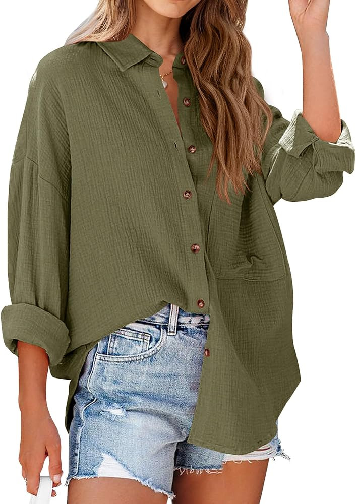 NOLLSOM Casual Shirts for Women Long Sleeve Button Down Blouses Spring 2026 Solid Color Trendy To... | Amazon (US)