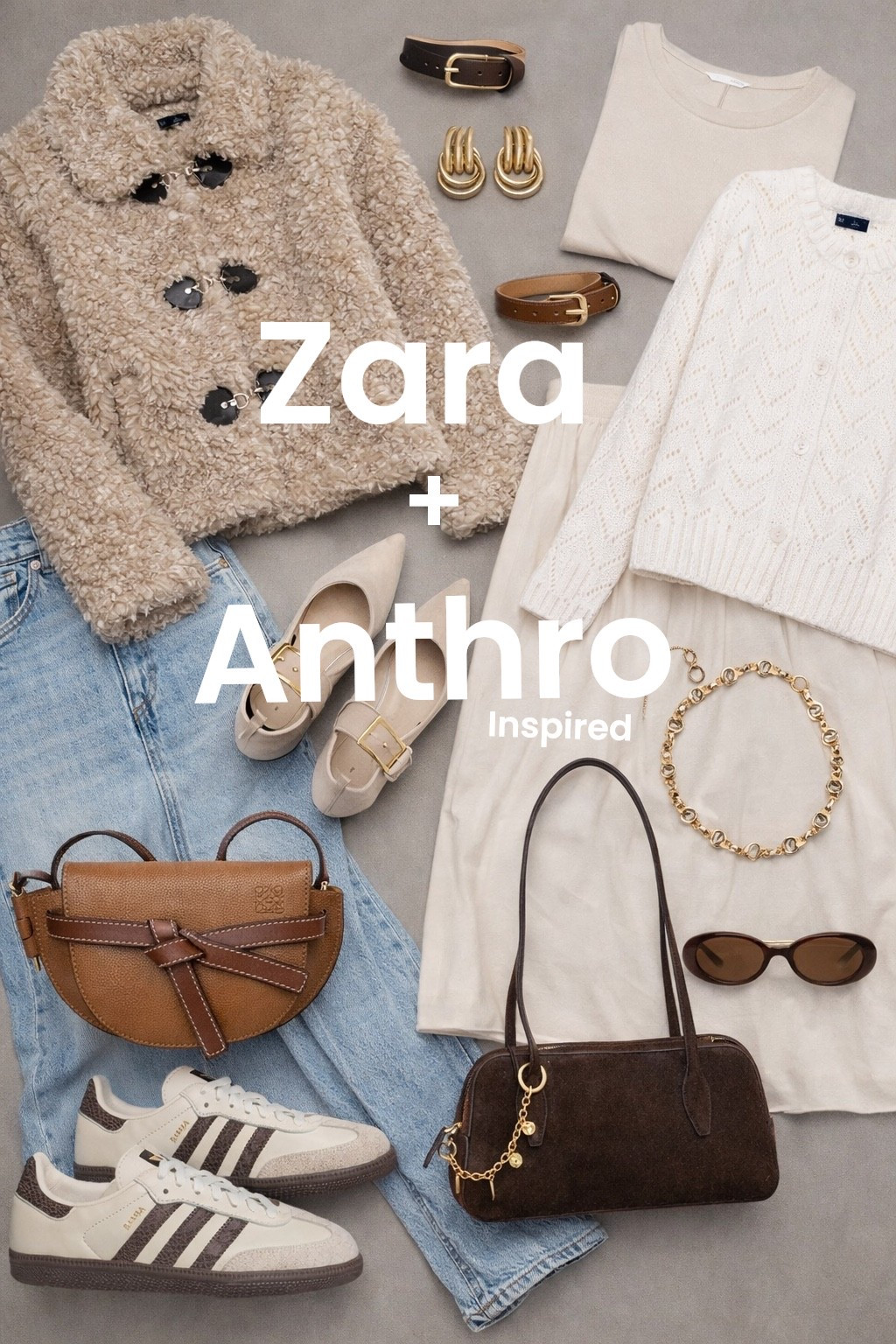 Flat-lay fashion editorial in soft natural light on a warm gray background. A neutral, quiet-luxury capsule wardrobe styled with creamy knits, an ivory midi skirt, light-wash denim, and a plush teddy coat with toggle details. Accessories include gold statement earrings, a chunky gold chain necklace, classic leather belts, neutral pointed flats, retro oval sunglasses, and rich brown leather handbags with subtle gold hardware. Color palette of oat, cream, camel, tan, chocolate, and denim blue. Clean composition, balanced spacing, elevated minimal aesthetic, timeless European winter style, high-end magazine feel, ultra-detailed textures, cozy yet polished, Pinterest-worthy.

Hashtags
#QuietLuxury #NeutralStyle #CapsuleWardrobe #TimelessFashion #ClassicStyle #MinimalChic #WinterOutfits #SoftNeutrals #CozyChic #ElevatedBasics #EuropeanStyle #OldMoneyAesthetic #FlatlayStyle #PinterestFashion #WardrobeInspo #BeigeAesthetic #CreamTones #EffortlessStyle #ModernClassic #LuxuryVibes

#LTKHoliday #LTKdayinmylife #LTKGiftGuide