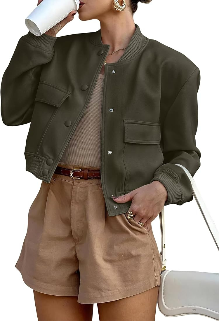 ANRABESS Womens Bomber Jacket Button Cropped Casual Varsity Jackets Shackets Fall Trendy Fashion ... | Amazon (US)