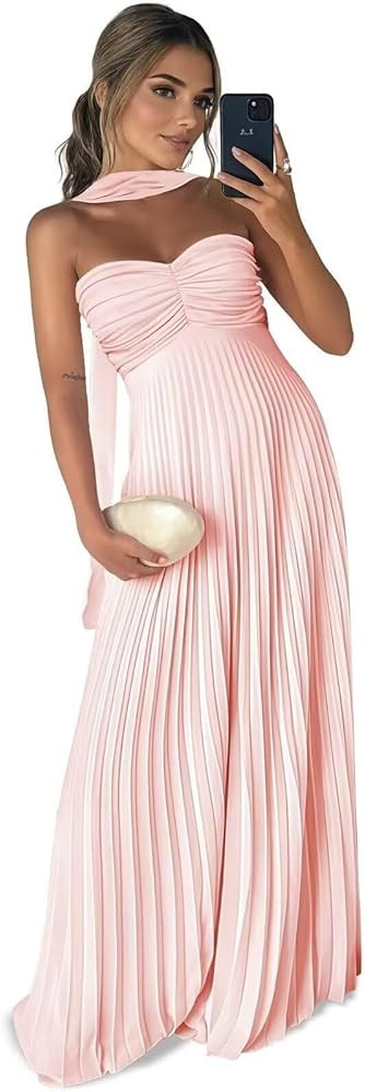 Long Chiffon Bridesmaid Dresses for Women Pleated Strapless Maxi Formal Evening Gown with Long Sc... | Amazon (US)