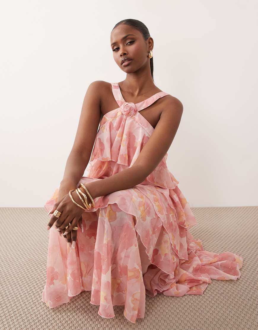 Vero Moda Felicia halter neck tiered maxi dress with corsage detail in pink watercolour floral print | ASOS (Global)