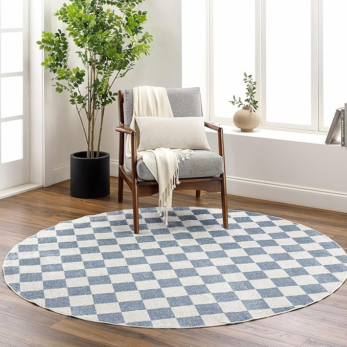 Brone Blue Checkered Area Rug - Machine Washable - Blue, Off White - 6'7" Round | Amazon (US)