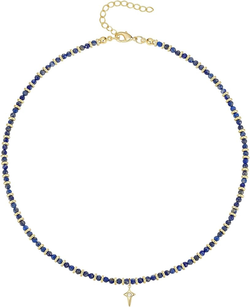 KissYan Beaded Choker Necklace for Women, Colorful Natural Gemstones Pearl Choker 14K Gold Plated... | Amazon (US)