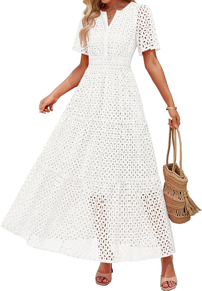 ZESICA Women's 2026 Summer Short Sleeve Maxi Dress Casual V Neck Hollow Out Eyelet Ruffle Swing A... | Amazon (US)