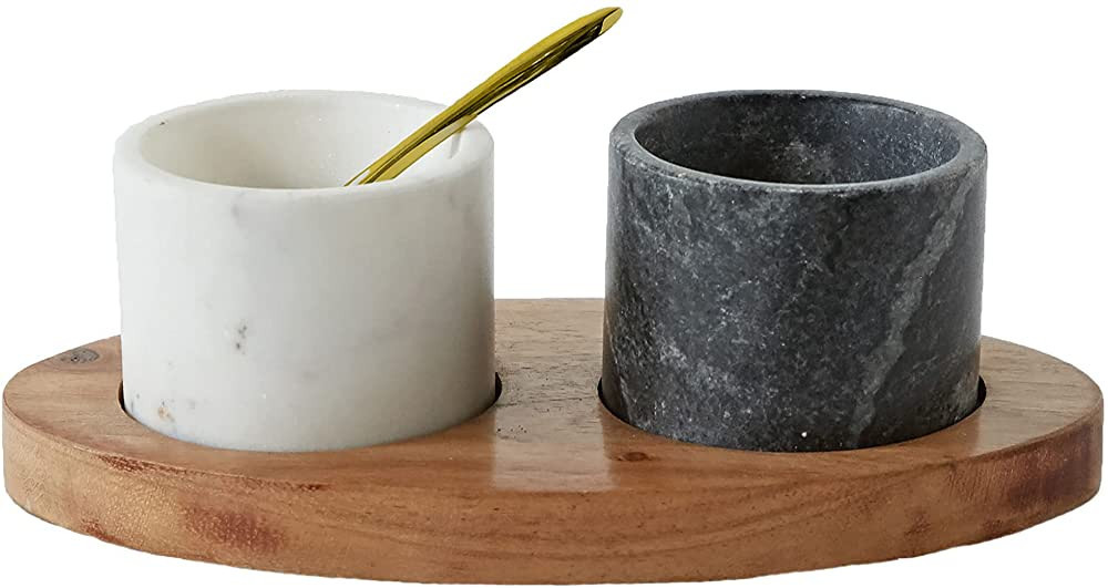 Creative Co-Op 2 Marble Bowls on Mango Wood Base with Salt Spoon | Amazon (US)