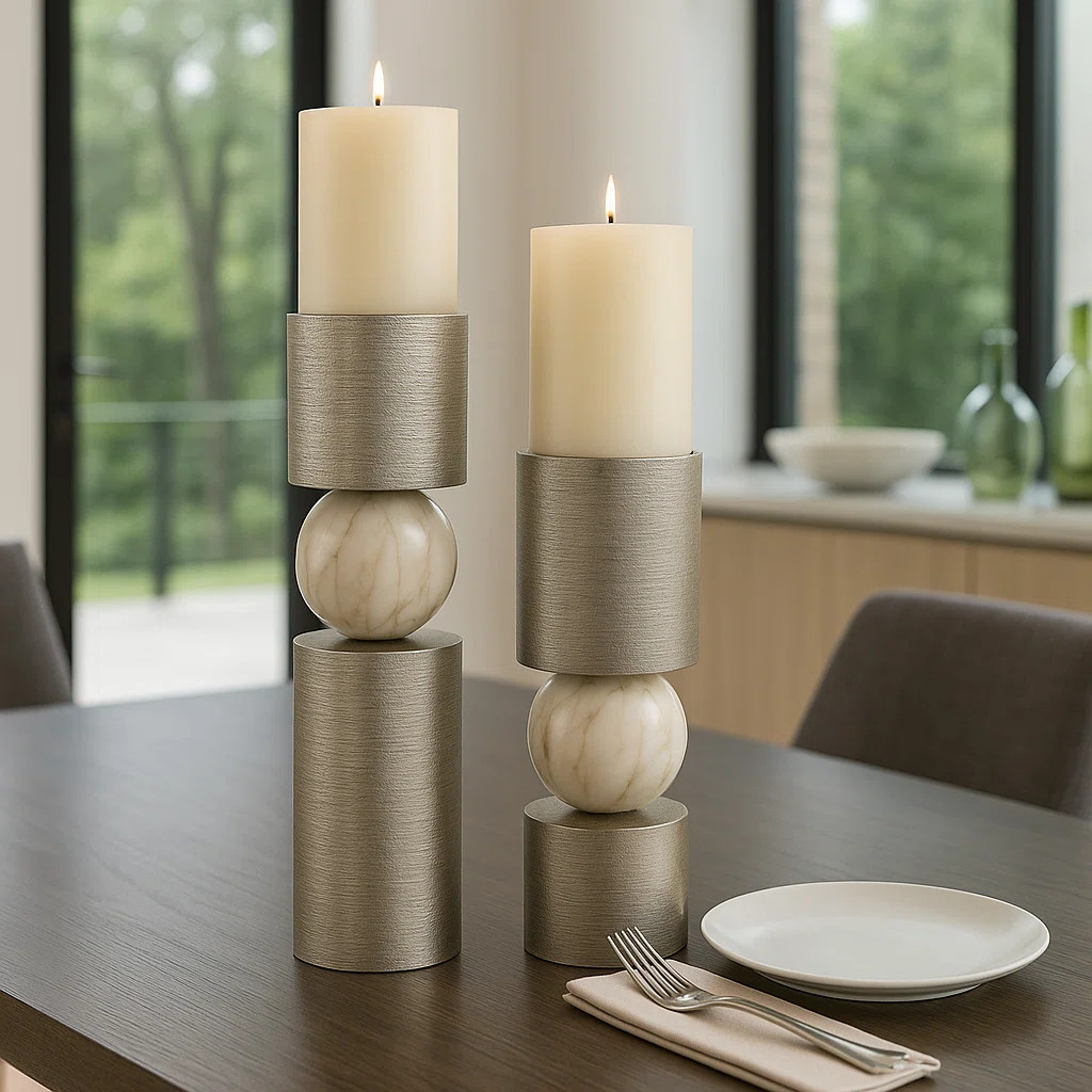 Modern Candle Holder With Glossy Stone - Decorative Candle Holders With Marble Sphere - Tabletop ... | Wayfair North America