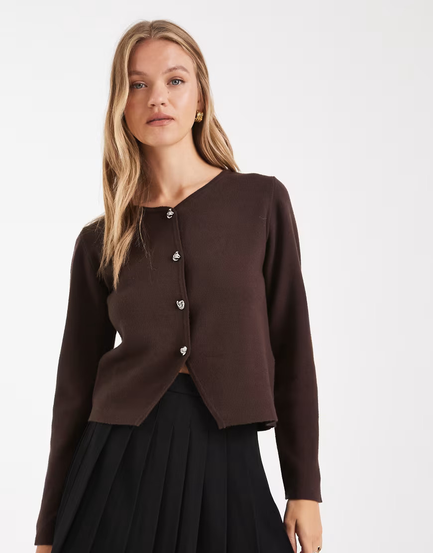 ONLY cropped cardigan with button details in chocolate brown | ASOS (Global)
