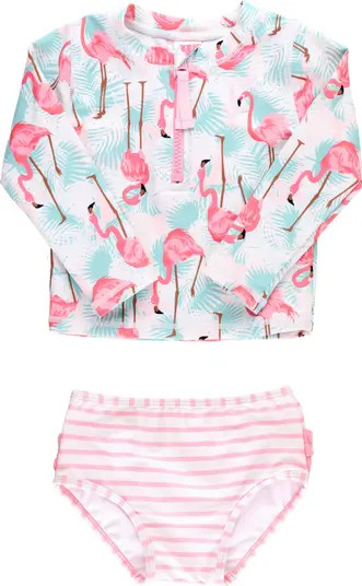 Kids' Vibrant Flamingo Long Sleeve Two-Piece Rashguard Swimsuit | Nordstrom