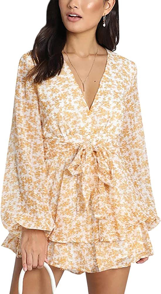 AIMCOO Women's Long Bubble Sleeve Polka Dot Romper Floral Print V-Neck Jumpsuit Layer Ruffle Hem ... | Amazon (US)