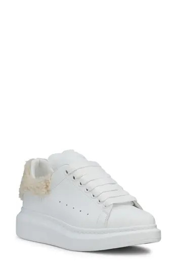 McQueen Oversize Genuine Shearling Trim Sneaker in White/Beige at Nordstrom Rack, Size 6.5Us / 36.5Eu | Nordstrom Rack