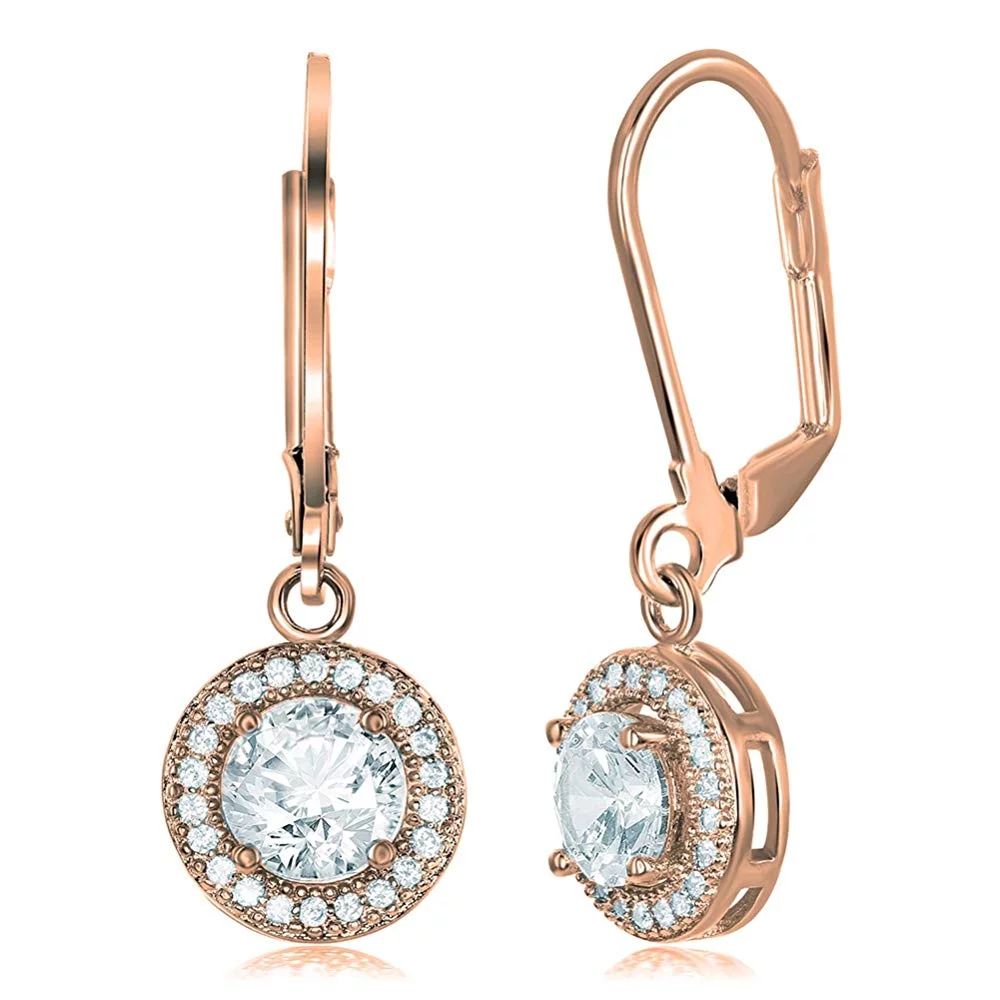 Juliana 18k Rose Gold Round Cut CZ Halo Drop Earrings, Dangling Crystal Round Cut Earring Set for... | Walmart (US)