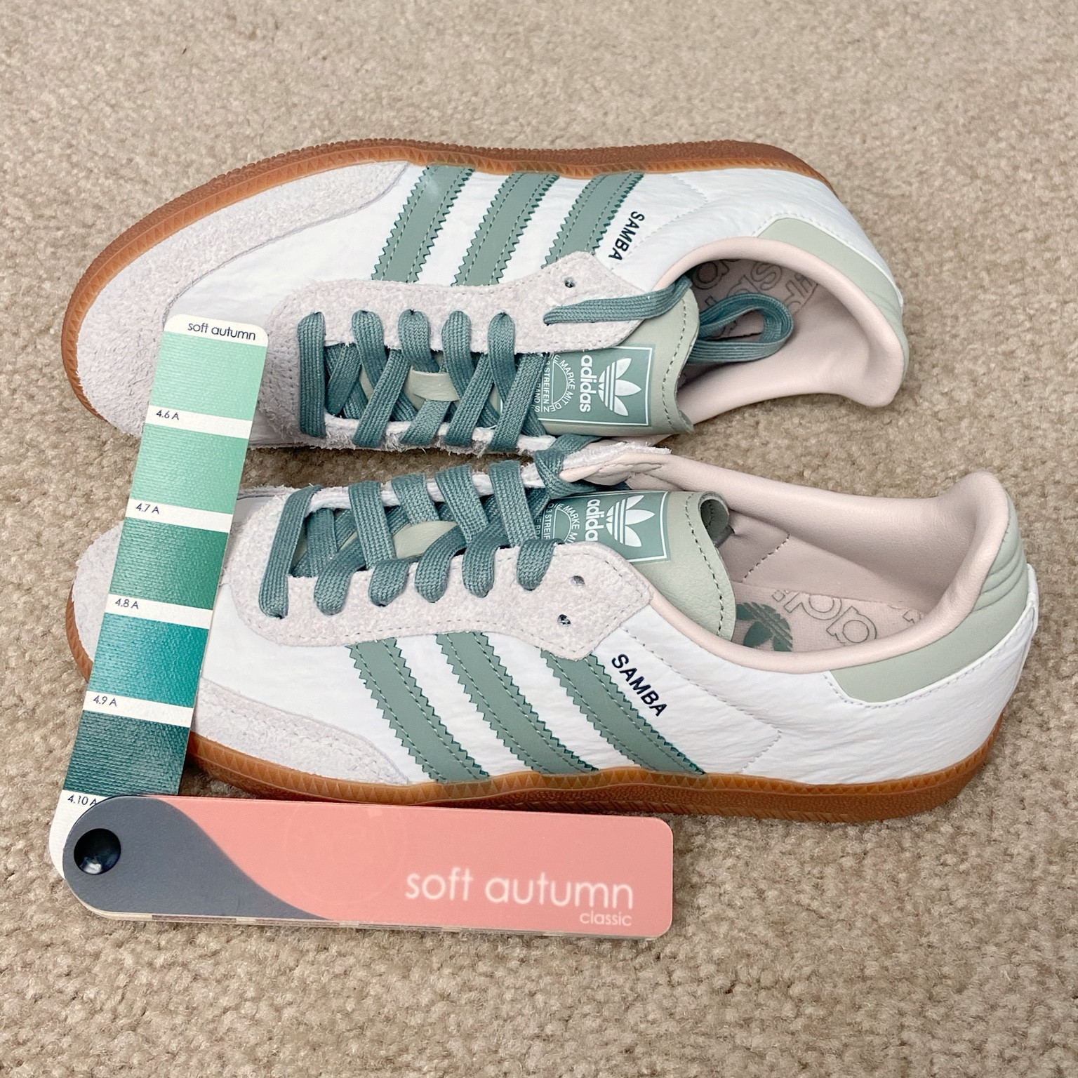 New Adidas Samba color: unfortunately not a color match with the #softautumn color fan, but I am keeping them anyway because they are cute & will coordinate with many of my outfits.

I bet the color of these Adidas is more of a #softsummer green!!

#LTKshoecrush #LTKSeasonal