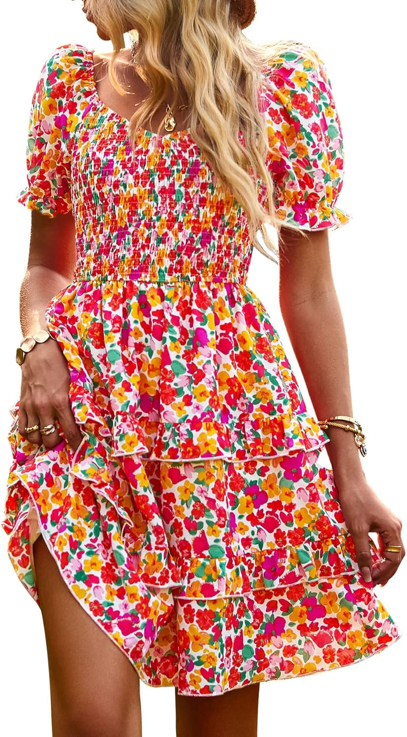 NIVYEE Women's Casual Floral Summer Dress Puff Sleeve Ruffle Hem Inside Liner A-line Dresses | Amazon (US)