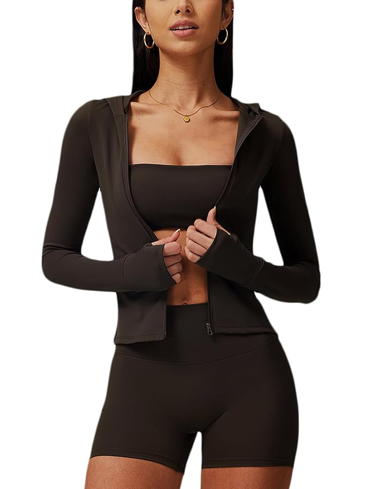 2 Piece Workout Sets for Women High Waisted Shorts Long Sleeve Athletic UPF 50+ Jacket Gym Yoga O... | Amazon (US)