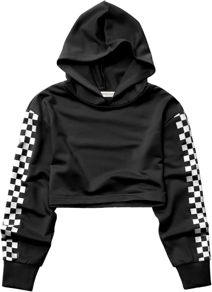 Kids Girls Leather Plaid Long Sleeve Crop Top Hoddie Cropped Sweatershirts | Amazon (US)