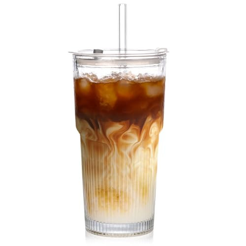 AUFXKOO 20oz Glass Tumblers with Lids and Straws,1PCS Glass Cups with Lids and Straws,Iced Coffee Cups with Lid,Drinking Glasses for Juice, Smoothies | Amazon (US)