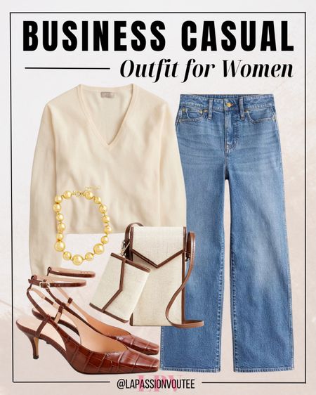 Stay stylishly versatile in this ensemble! Embrace the allure of a cropped v-neck sweater paired with flattering slim wide-leg jeans. Elevate the look with sleek ankle-strap heels, accessorize with a delicate necklace, and keep your essentials close in a trendy phone bag. Effortlessly chic from day to night!

#LTKworkwear #LTKSeasonal #LTKstyletip