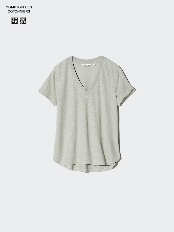 Linen V Neck T-Shirt | UNIQLO (UK)