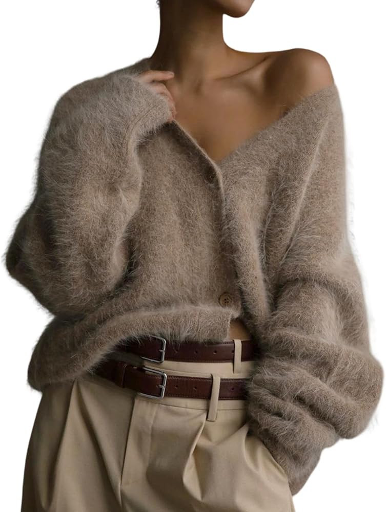 Wyeysyt Fuzzy Cardigans for Women Slouchy V Neck Long Sleeve Button Down Oversized Casual Furry S... | Amazon (US)