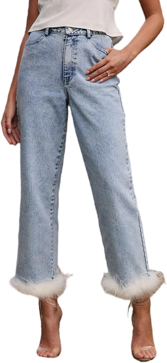 Cropped Jeans for Women Feather Trim Straight Leg High Waist Button Fly Denim Pants | Amazon (US)