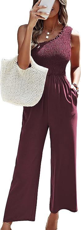 KIRUNDO Women's Summer One Shoulder Jumpsuit with Pockets Smocked High Waist Solid Casual Loose J... | Amazon (US)