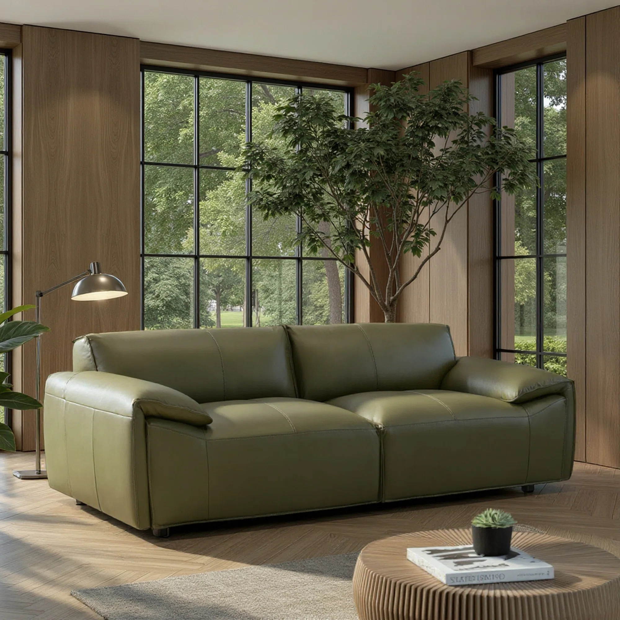 Cremeans 92 In. Leather Sofa With Padded Arms In Green Or Khaki | Wayfair North America