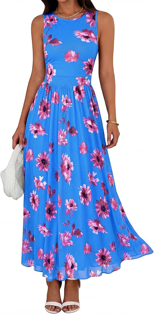 BTFBM Summer Dresses for Women 2026 Floral Maxi Dress Sleeveless Mesh Flowy Spring Wedding Guest ... | Amazon (US)