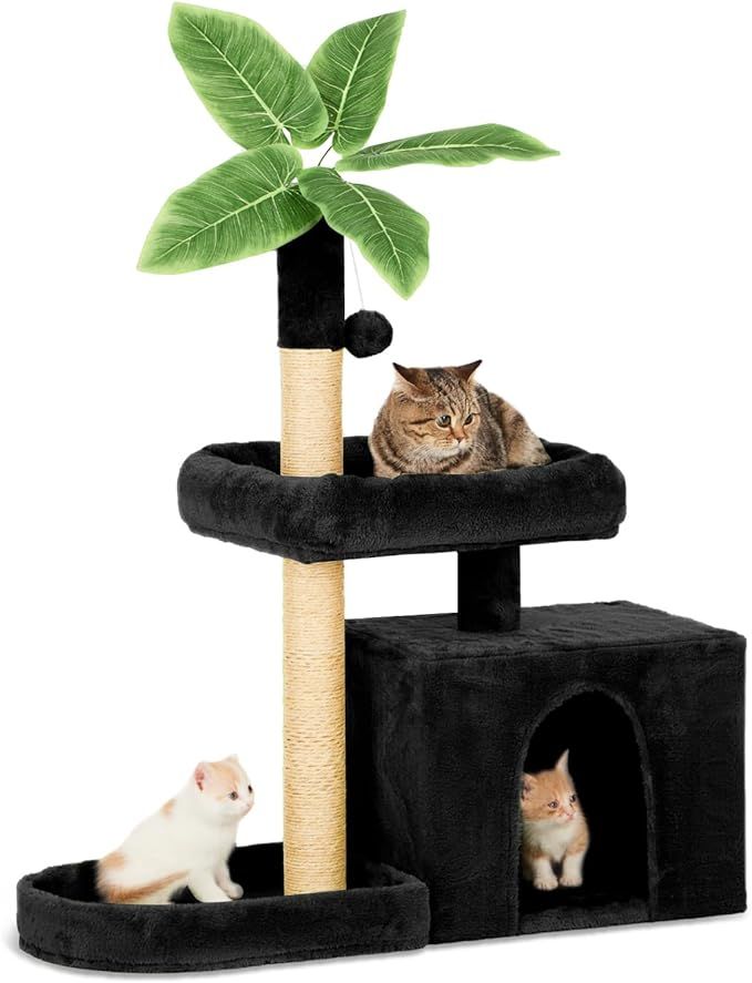 31.5" Cat Tree Cat Tower for Indoor Cats with Green Leaves, Cat Condo Cozy Plush Cat House with H... | Amazon (US)