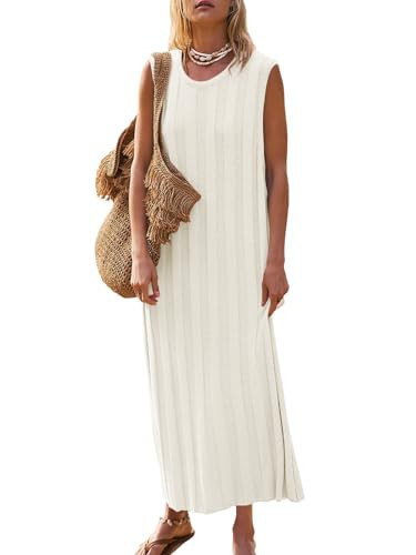 Fisoew Women's Summer Sleeveless Maxi Dress Sweater Scoop Neck Ribbed Knit Tank Dresses White | Amazon (US)