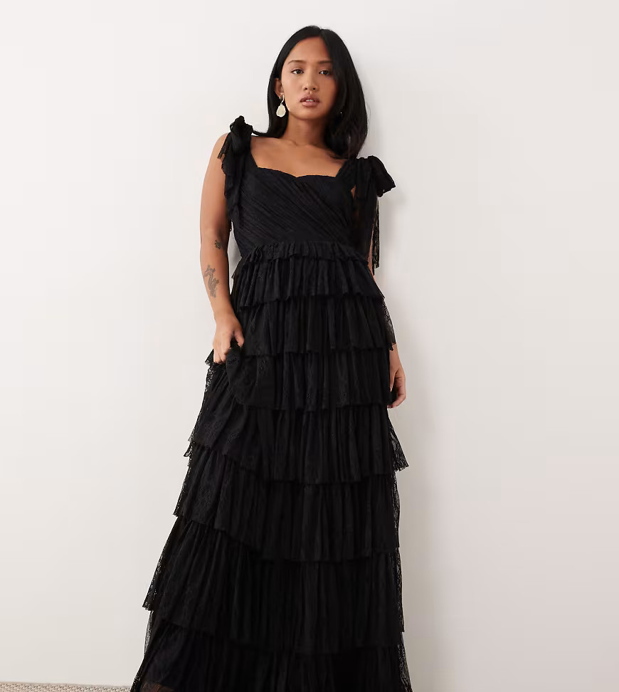 Lace & Beads Petite lace bow shoulder tiered maxi dress in black | ASOS (Global)