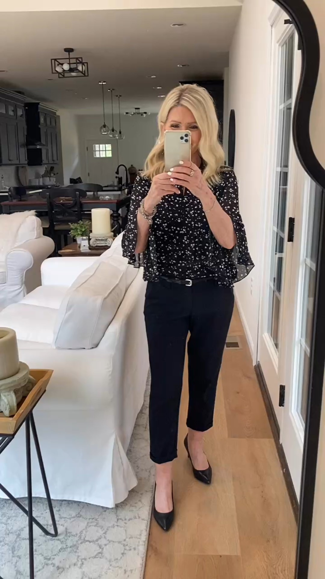 Work to Evening outfit. Black and White print blouse styled with black cropped dress pants/black heels 

#LTKStyleTip #LTKFindsUnder50 #LTKSaleAlert